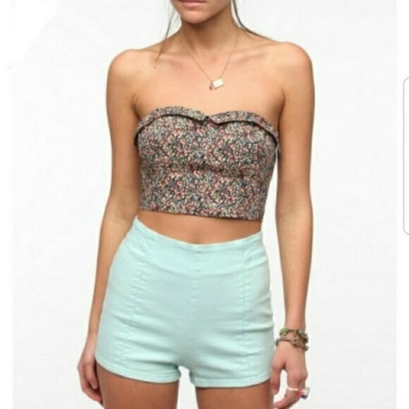 Pins & Needles Urban Outfitters Black & Pink Ditsy Floral Bandeau Top Size S - Picture 1 of 7